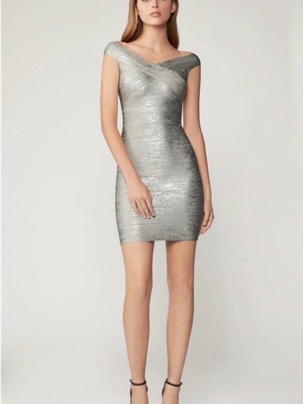 Herve Leger Metallic Silver Off-Shoulder Bandage Mini Dress
